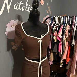 Brown Crop Top and Skirt Set with White Trim